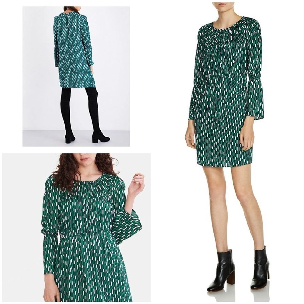 EUC Maje Revalou Geometric Silk Blend Long Sleeves Green White Black Dress Small